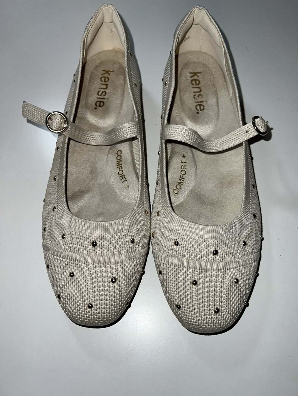 New Kensie Esther Cream Textured Mary Jane Flats with Metallic Studs Size 7